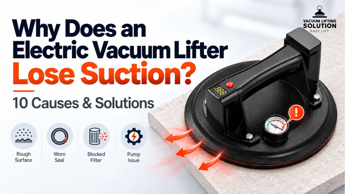 Electric vacuum lifter losing suction with common causes including rough surface, worn seal, blocked filter, and vacuum system issues