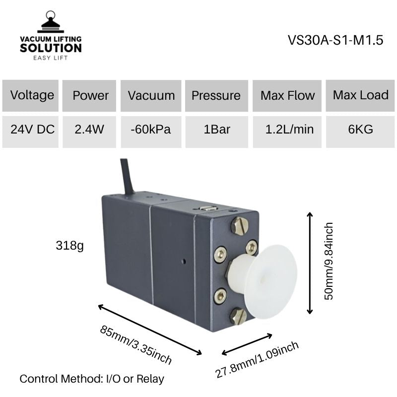 VS30A-S1-M1.5 electric vacuum gripper with 6kg payload, -60kPa vacuum and compact dimensions