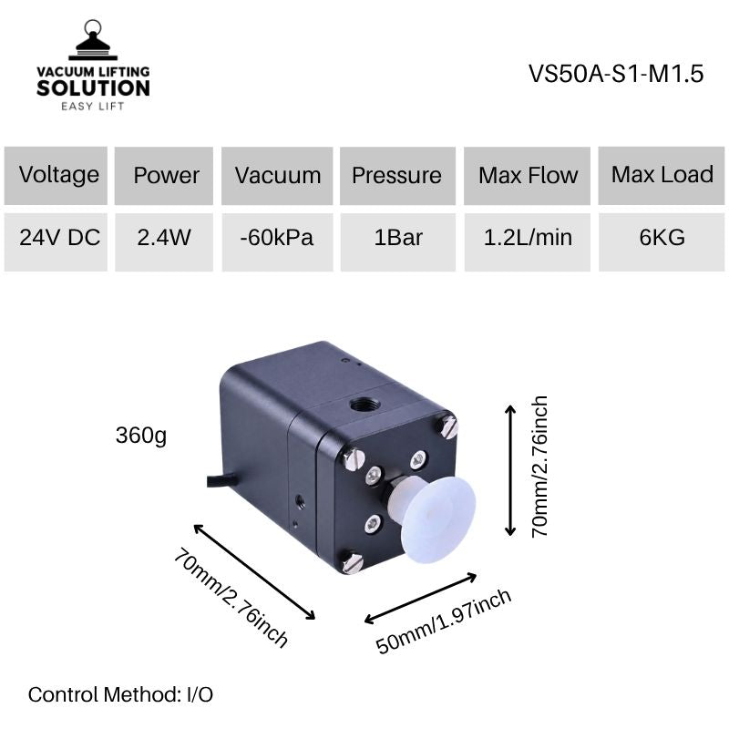 VS50A-S1-M1.5 vacuum gripper for robots with 6kg payload, -60kPa vacuum and 1.2L/min flow