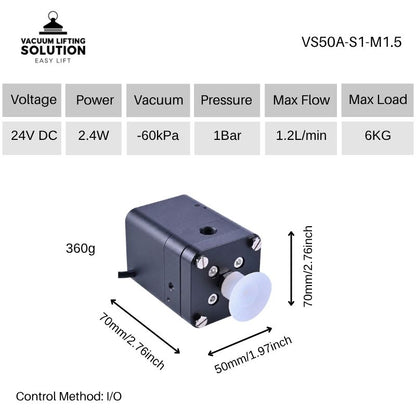 VS50A-S1-M1.5 vacuum gripper for robots with 6kg payload, -60kPa vacuum and 1.2L/min flow