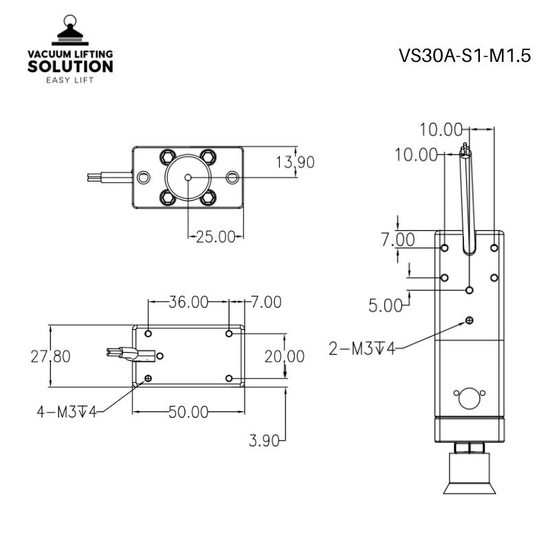 VS30A-S1-M1.5 mounting drawing with M3 holes and compact 50 by 30mm body profile