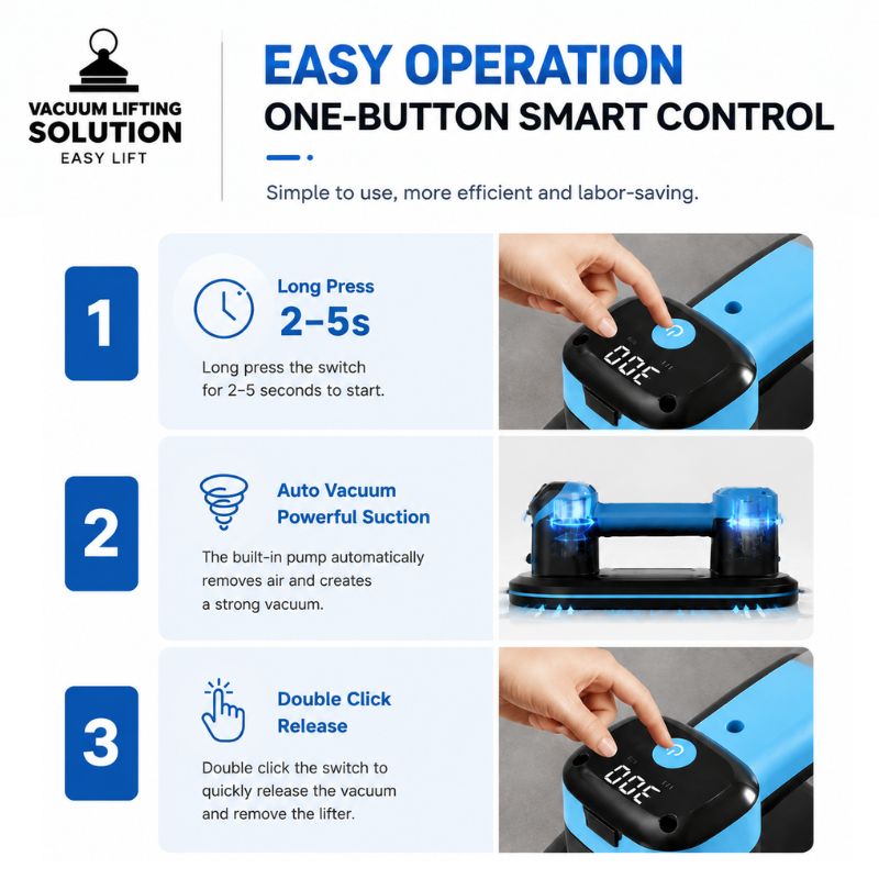 Cordless vacuum lifter with one button automatic suction operation