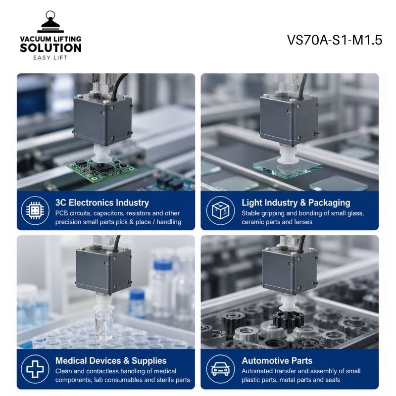 Electric vacuum gripper applications for PCB handling, electronics assembly, packaging automation, medical devices, and robotic pick-and-place systems.