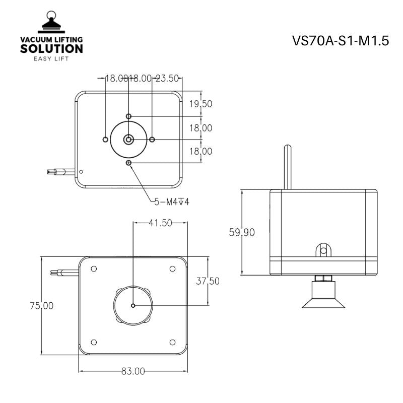 Mechanical drawing and installation dimensions of the VS70A-S1-M1.5 electric vacuum gripper for robot integration.