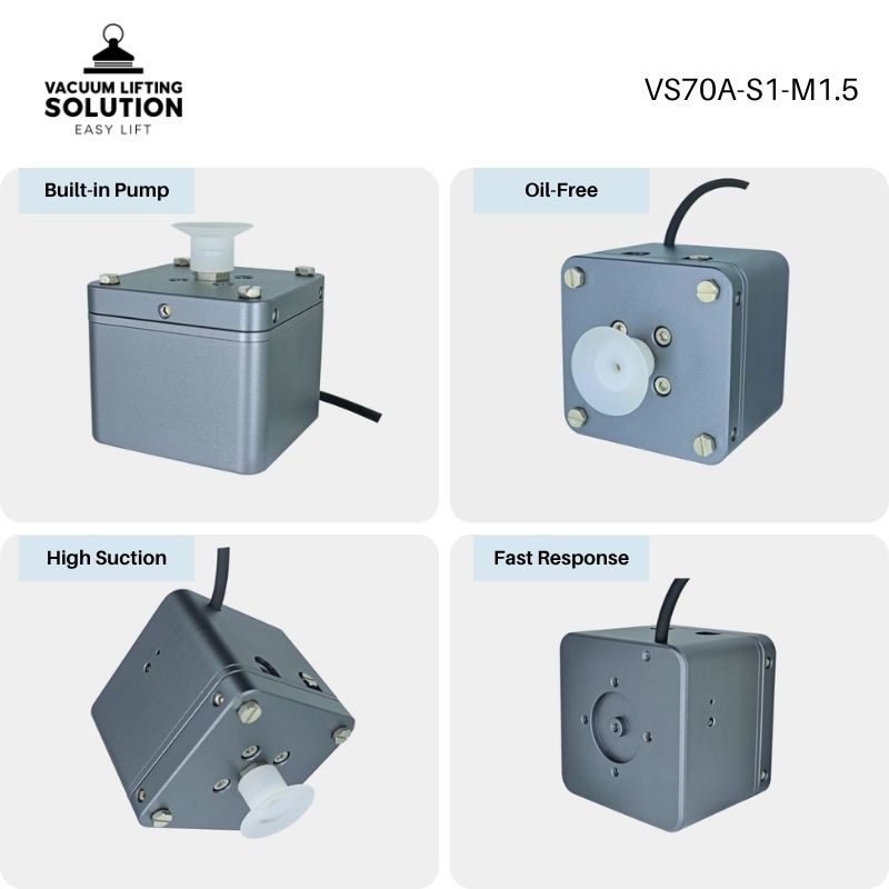 Key features of the electric vacuum gripper including built-in vacuum pump, oil-free operation, high suction, and fast response.