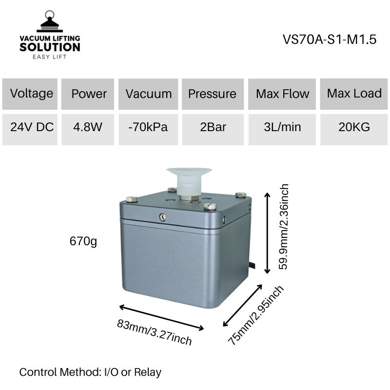 Technical specifications and dimensions of the VS70A-S1-M1.5 24V electric vacuum gripper with 20kg payload and compact design.