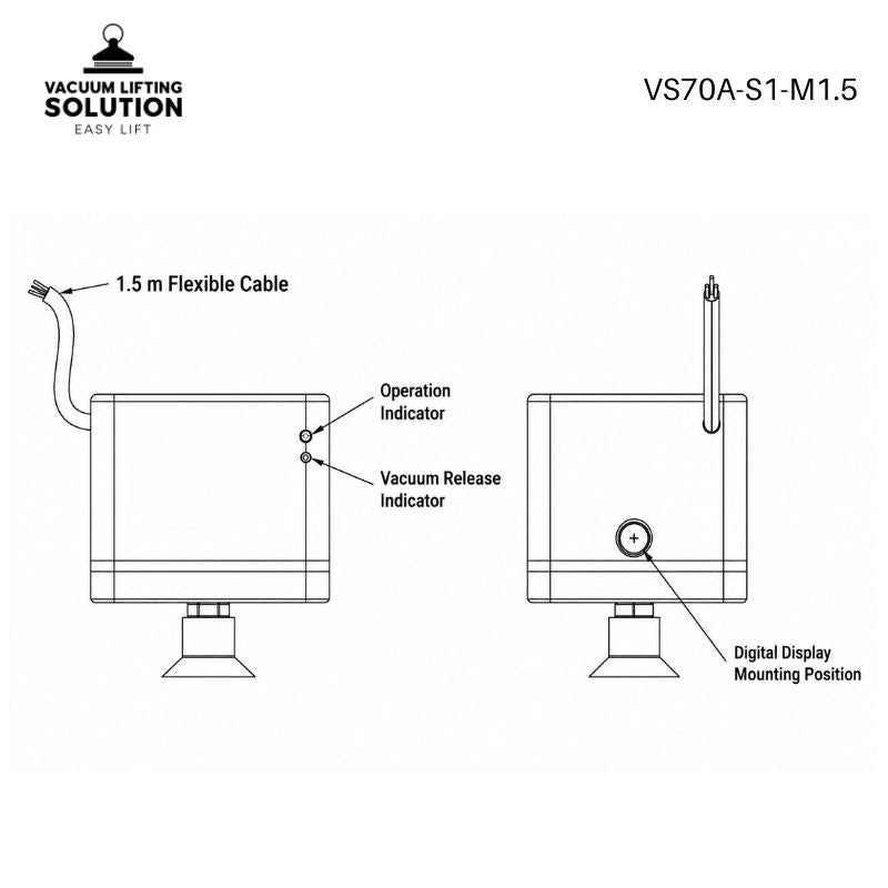 Front and side view of the VS70A-S1-M1.5 electric vacuum gripper showing cable, vacuum release indicator, and digital display interface.