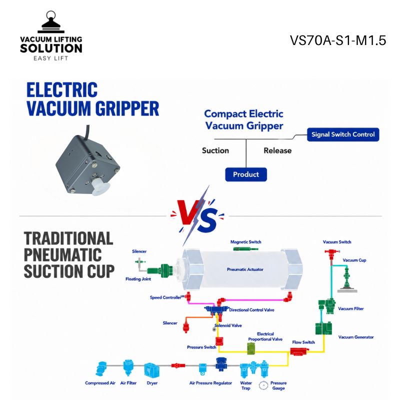 Comparison between an electric vacuum gripper and a traditional pneumatic vacuum system, highlighting integrated design and simplified installation.