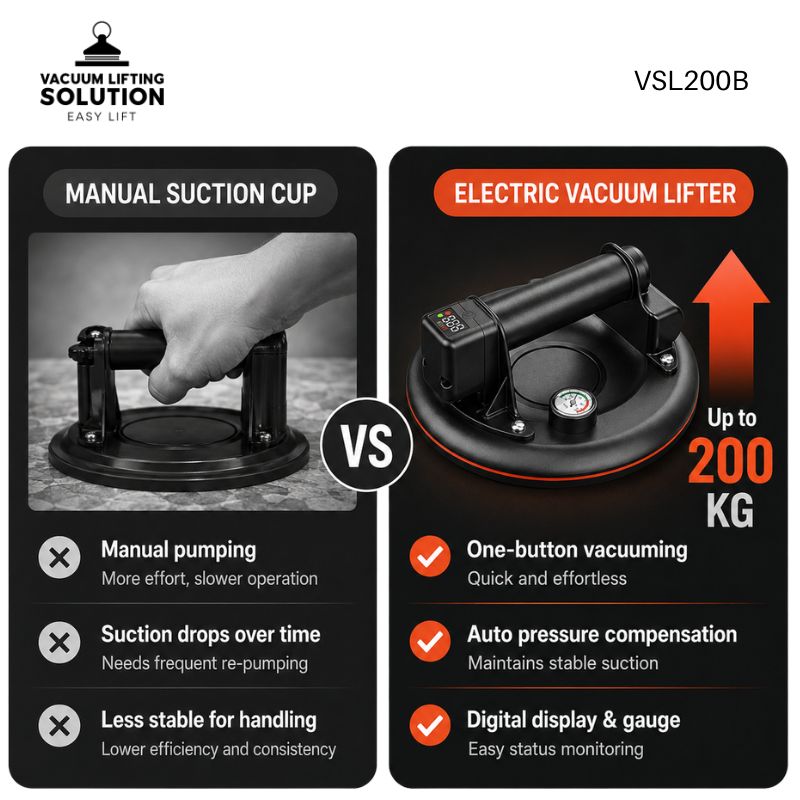 Electric vacuum lifter compared with traditional manual suction cup