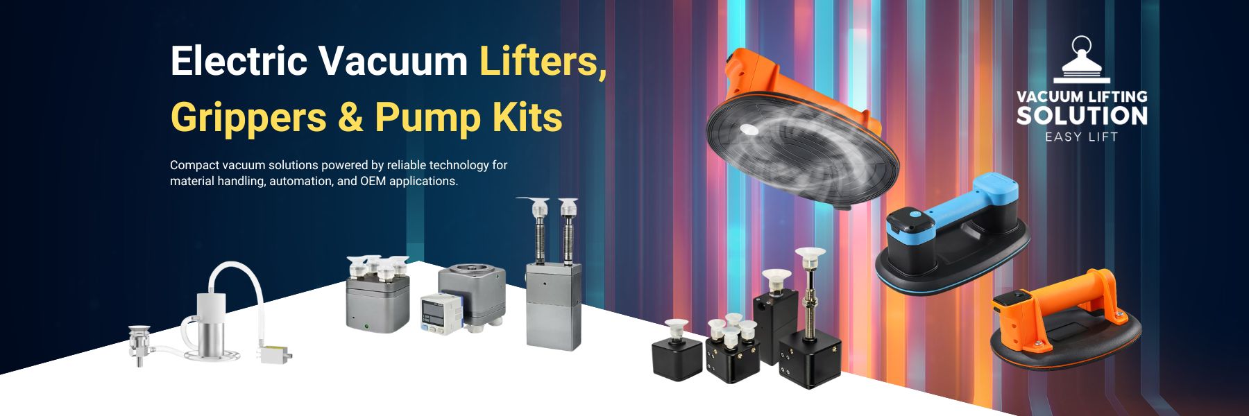 Electric vacuum lifters, electric vacuum grippers, and vacuum pump kits for industrial material handling and OEM vacuum solutions.