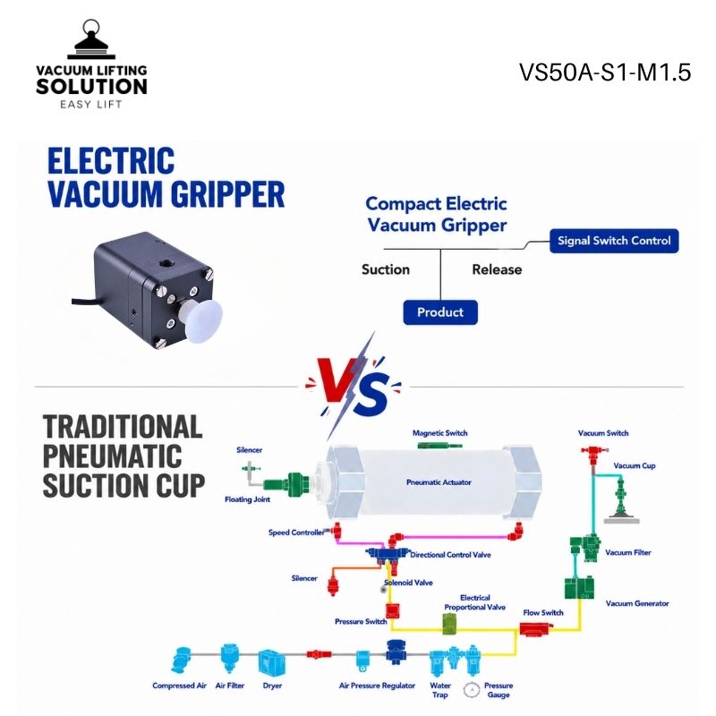 Electric vacuum gripper compared with traditional pneumatic suction cup system for robot automation