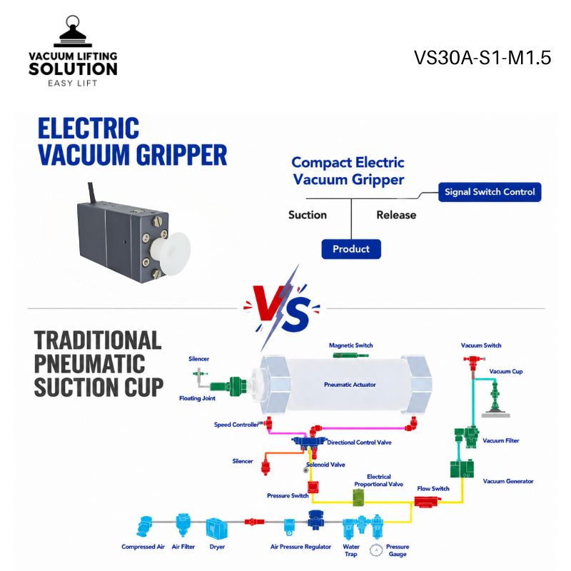 Electric vacuum gripper compared with a traditional pneumatic suction cup system