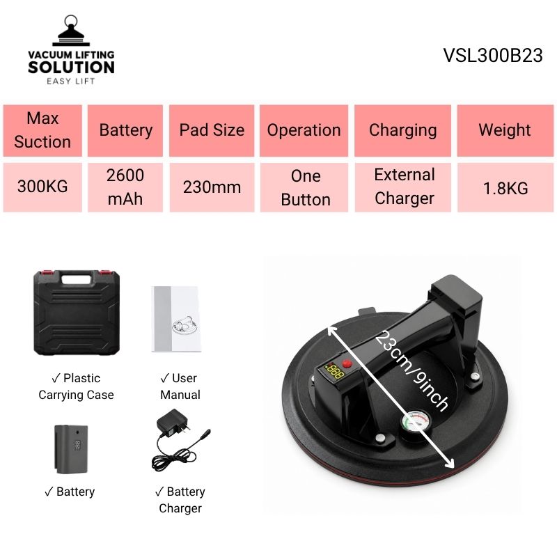 VSL300B23 portable vacuum lifter with 300KG suction, 230mm pad, 2600mAh battery and carrying accessories