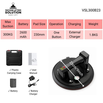 VSL300B23 portable vacuum lifter with 300KG suction, 230mm pad, 2600mAh battery and carrying accessories