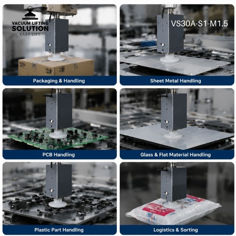 VS30A-S1-M1.5 vacuum gripper for packaging, sheet metal, PCB, glass and plastic part handling