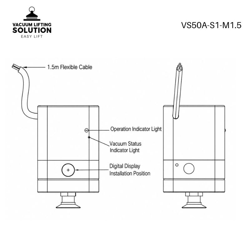 VS50A vacuum gripper layout showing flexible cable, operation indicator and vacuum status indicator
