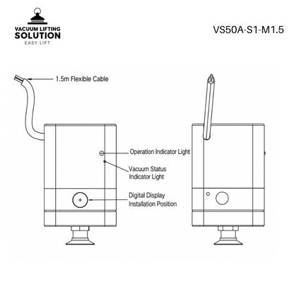 VS50A vacuum gripper layout showing flexible cable, operation indicator and vacuum status indicator
