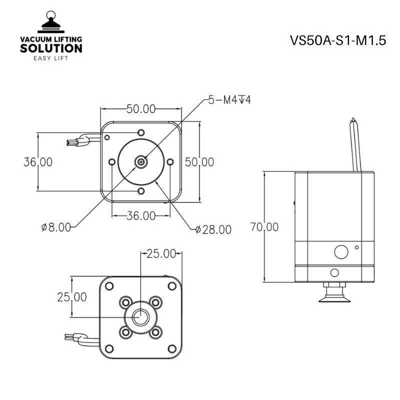VS50A-S1-M1.5 vacuum gripper mounting dimensions with compact 50 by 50mm body profile
