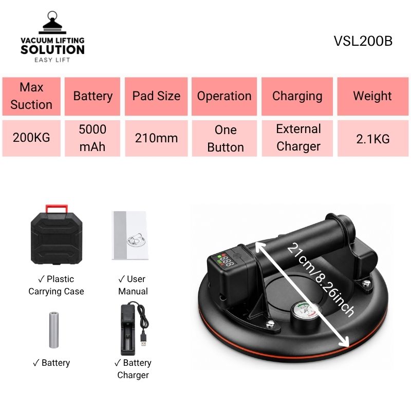 VSL200B electric vacuum lifter key specifications and product components